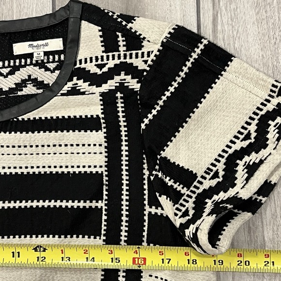 Madewell Top Women M Black White Geometric Jacquard Leather Trim E4764 Excellent - Picture 7 of 8